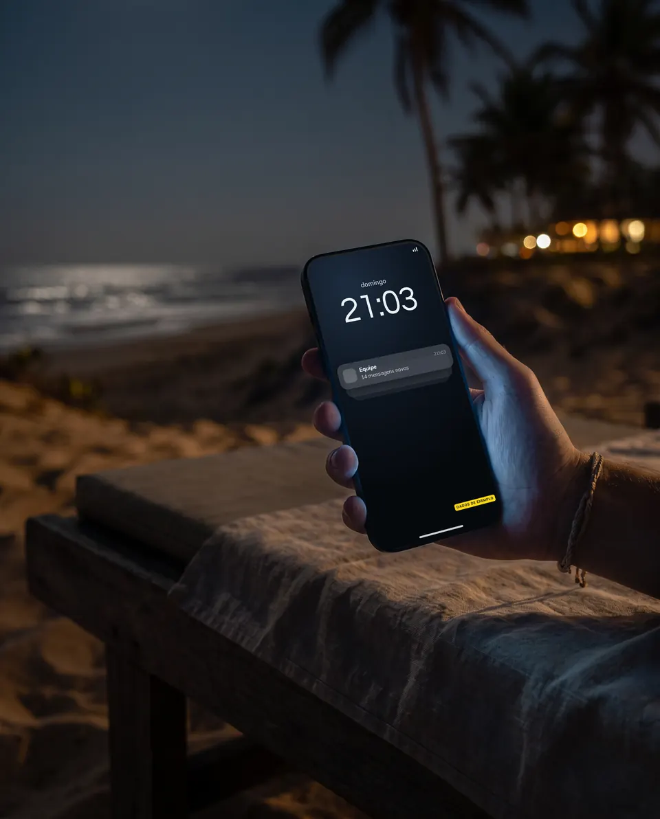 A mesma praia no domingo à noite, com o celular aceso e a notificação de 14 mensagens novas da equipe, dados de exemplo
