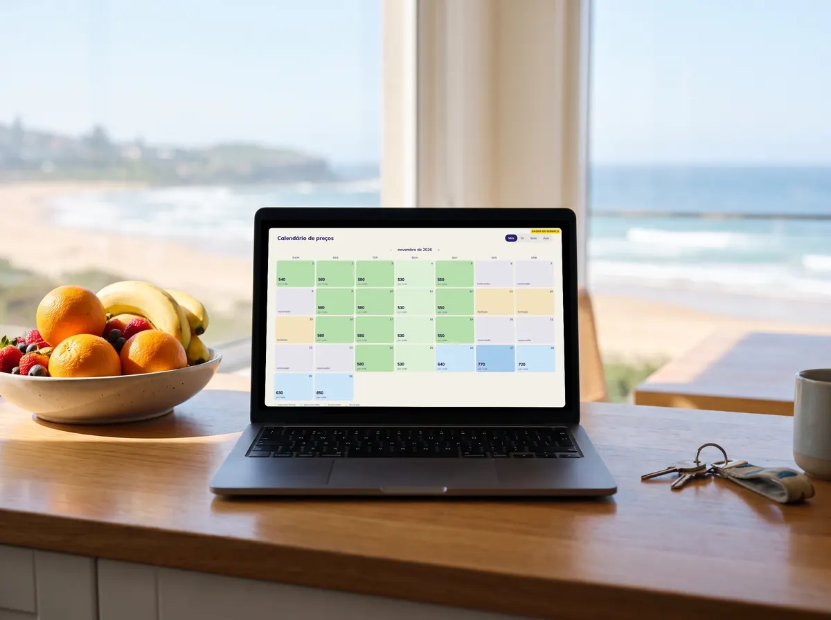 Notebook na bancada de um apartamento de praia, com o calendário de preços na tela, dados de exemplo