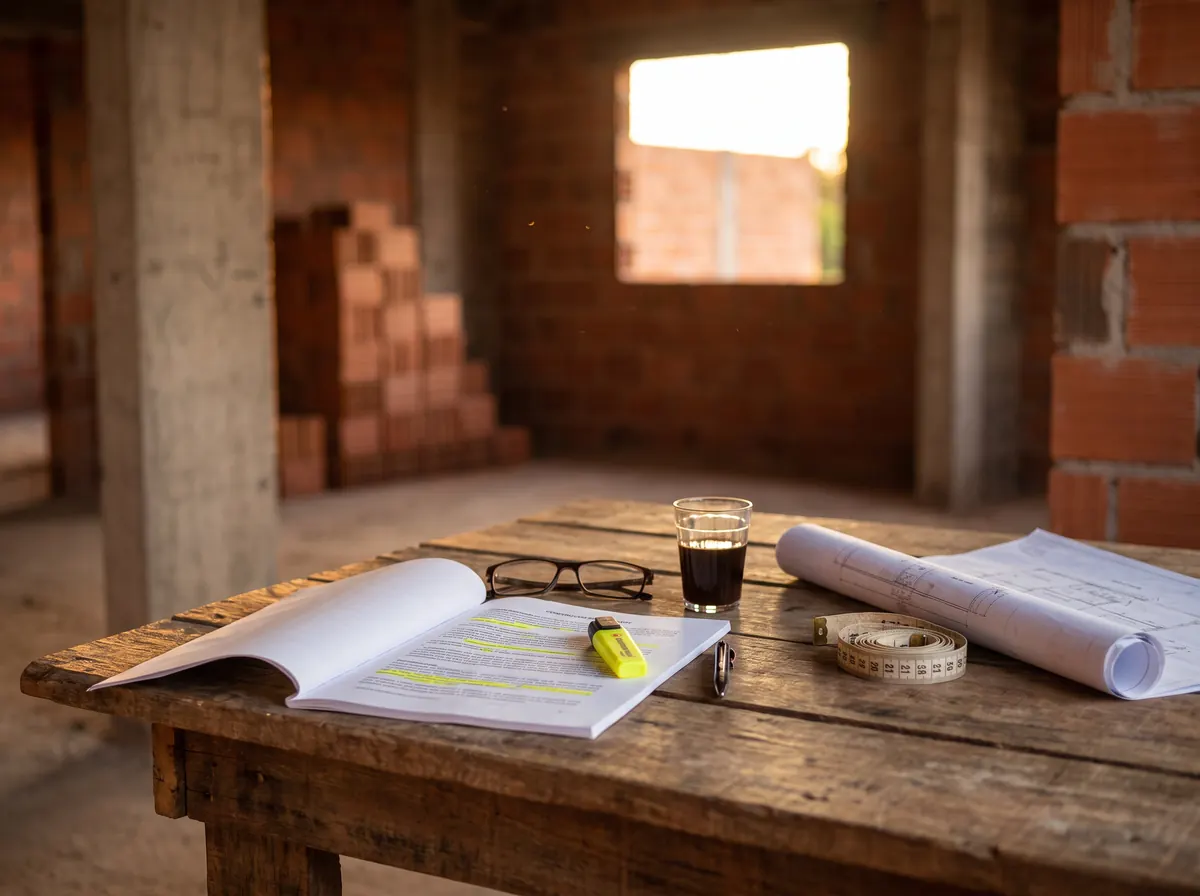 Contrato de obra impresso com marcações em amarelo sobre uma mesa de tábua numa casa em construção, com óculos, café e plantas enroladas