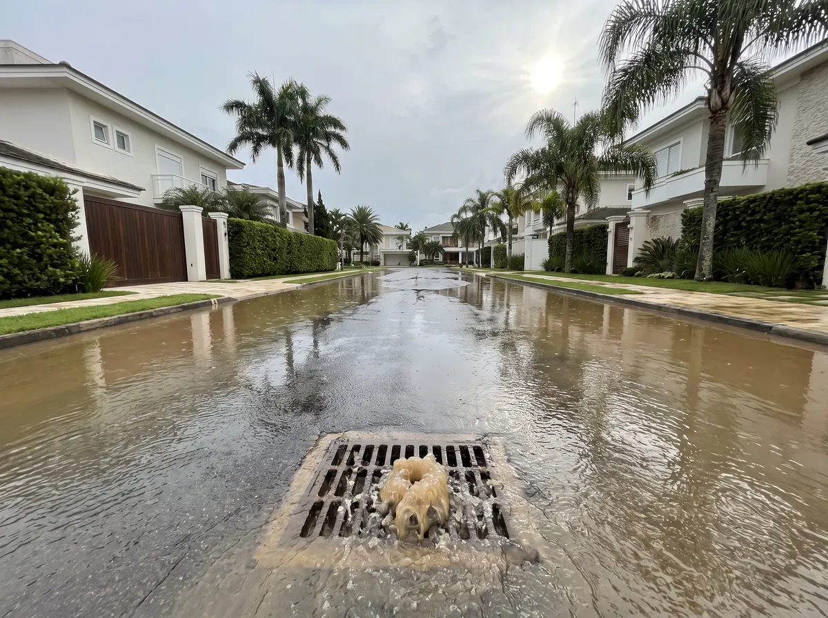 Rua alagada depois da chuva num bairro de casas de praia, com o bueiro transbordando
