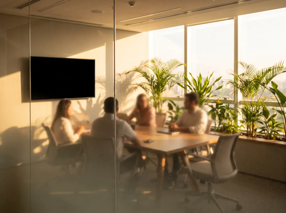 Sala de reunião clara vista pelo vidro, com as pessoas desfocadas atrás do vidro jateado