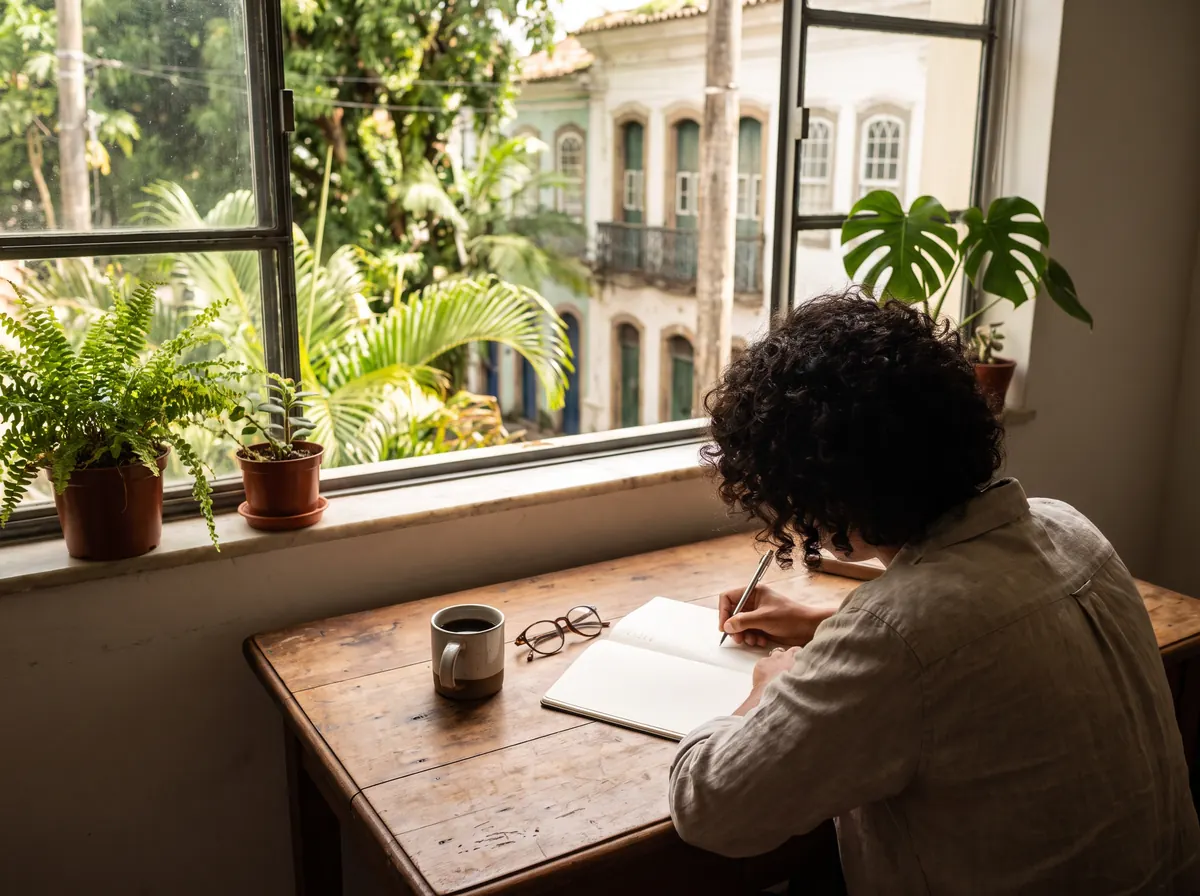 Pessoa de costas escrevendo à mão num caderno, numa mesa junto a uma janela grande com plantas