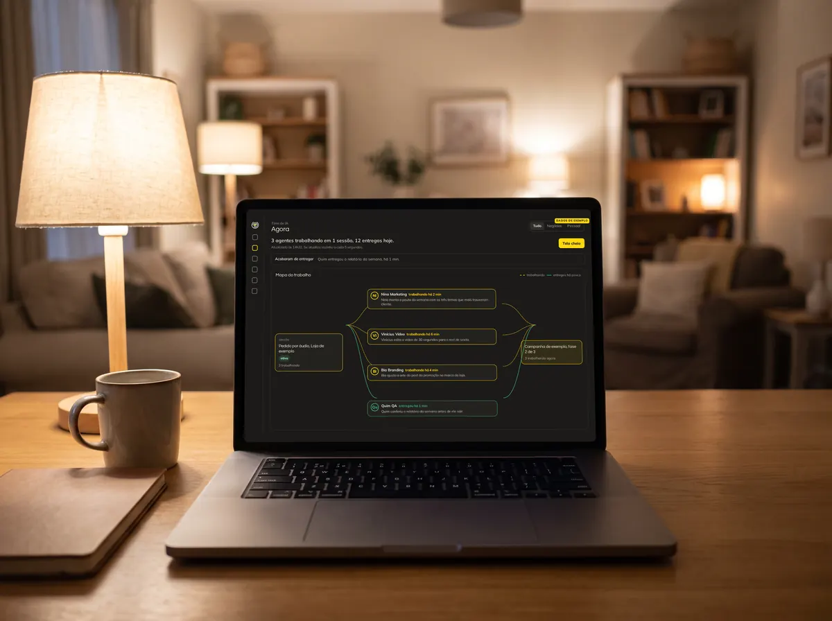 Notebook numa mesa de casa às 23h, ao lado de uma luminária, com 47 mensagens esperando o dono na tela, dados de exemplo