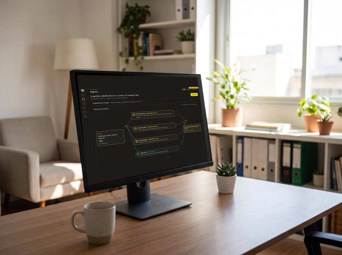 Escritório de uma empresa pequena com o painel do time num monitor sobre a mesa, plantas e pastas na estante, dados de exemplo