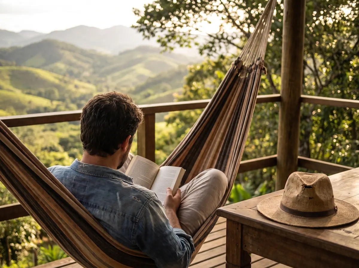 Pessoa de costas lendo numa rede numa varanda de madeira na serra, longe da praia, à tarde