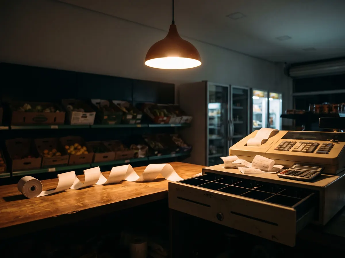 Balcão de uma loja de alimentação fechando à noite, com a bobina de recibos, a calculadora e a gaveta do caixa aberta