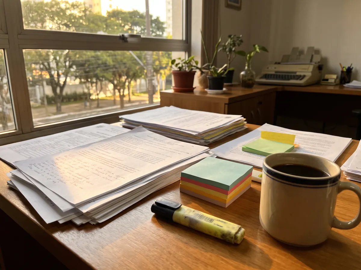 Mesa de trabalho com planilhas impressas cheias de anotações à mão e papéis adesivos coloridos por toda parte
