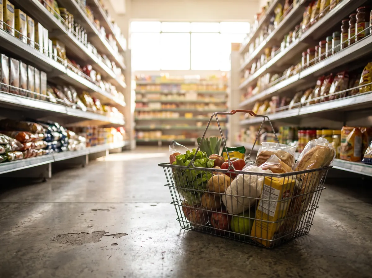 Cesta de compras pela metade deixada no chão do corredor de uma loja