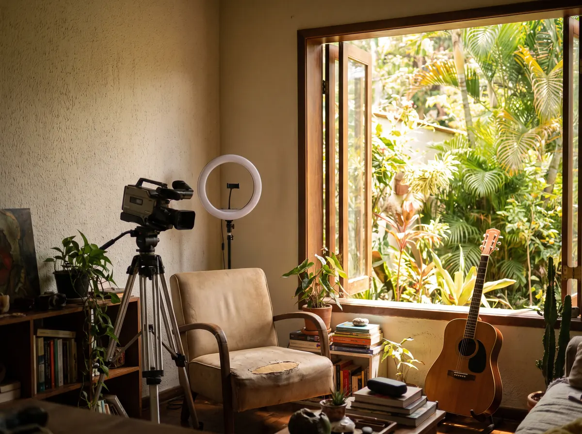 Canto de gravação em casa num domingo de sol, com a câmera no tripé, a luz desligada, uma cadeira vazia e um violão