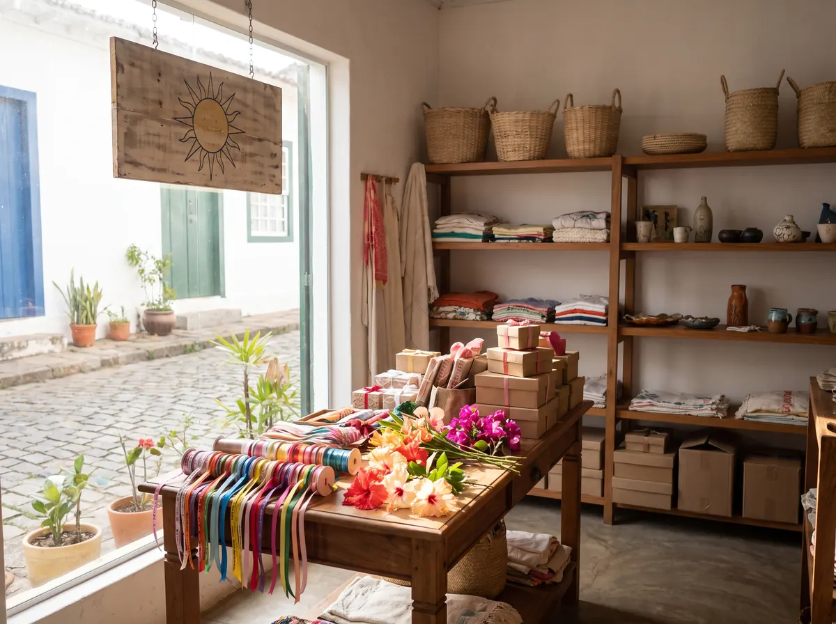 Loja pequena sendo preparada para uma data de venda, com fitas, flores e caixas de presente sobre a mesa
