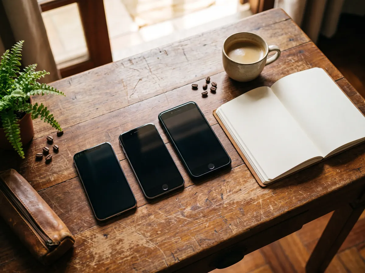Três celulares deitados lado a lado numa mesa de madeira, vistos de cima, com um caderno e um café