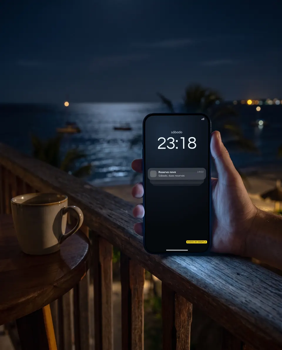A mesma varanda à noite, com a notificação de duas reservas para o mesmo sábado, dados de exemplo
