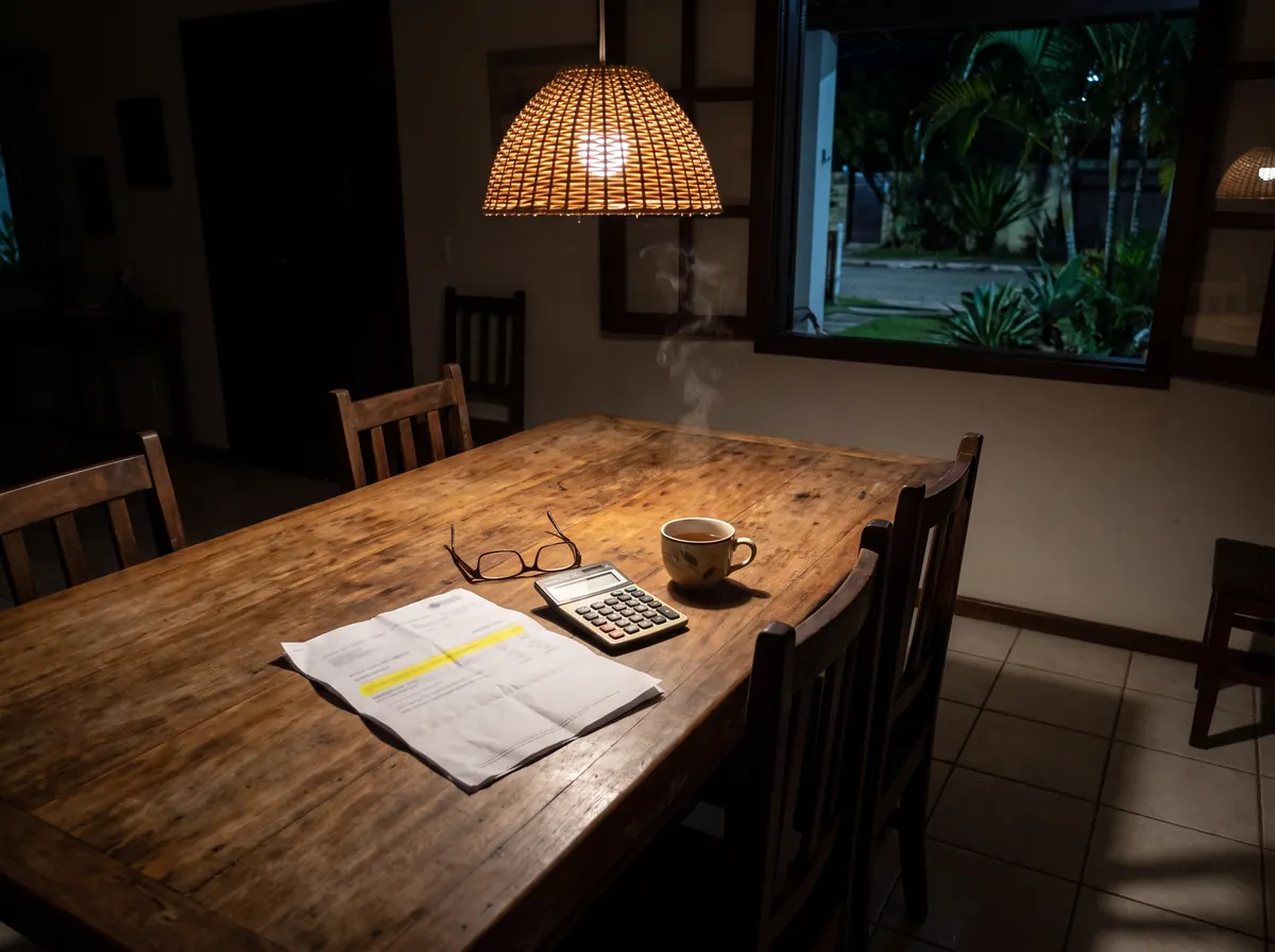 Mesa de cozinha à noite sob um pendente, com um aviso de imposto impresso, uma calculadora, óculos e um chá