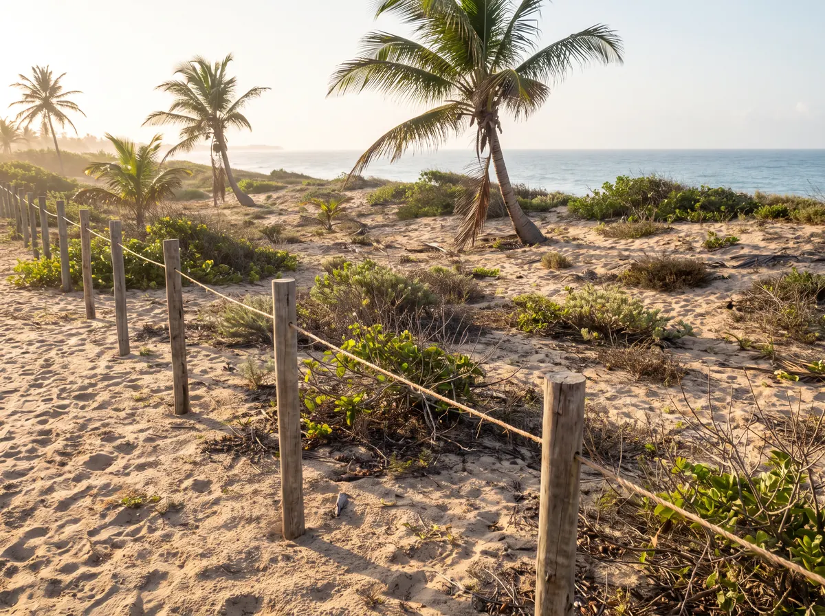 Terreno vazio no litoral da Bahia com coqueiros e estacas com barbante marcando a divisa, o mar ao fundo