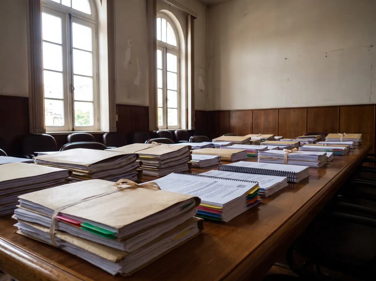 Mesa comprida coberta de pastas e documentos públicos com marcadores coloridos numa sala de reunião simples