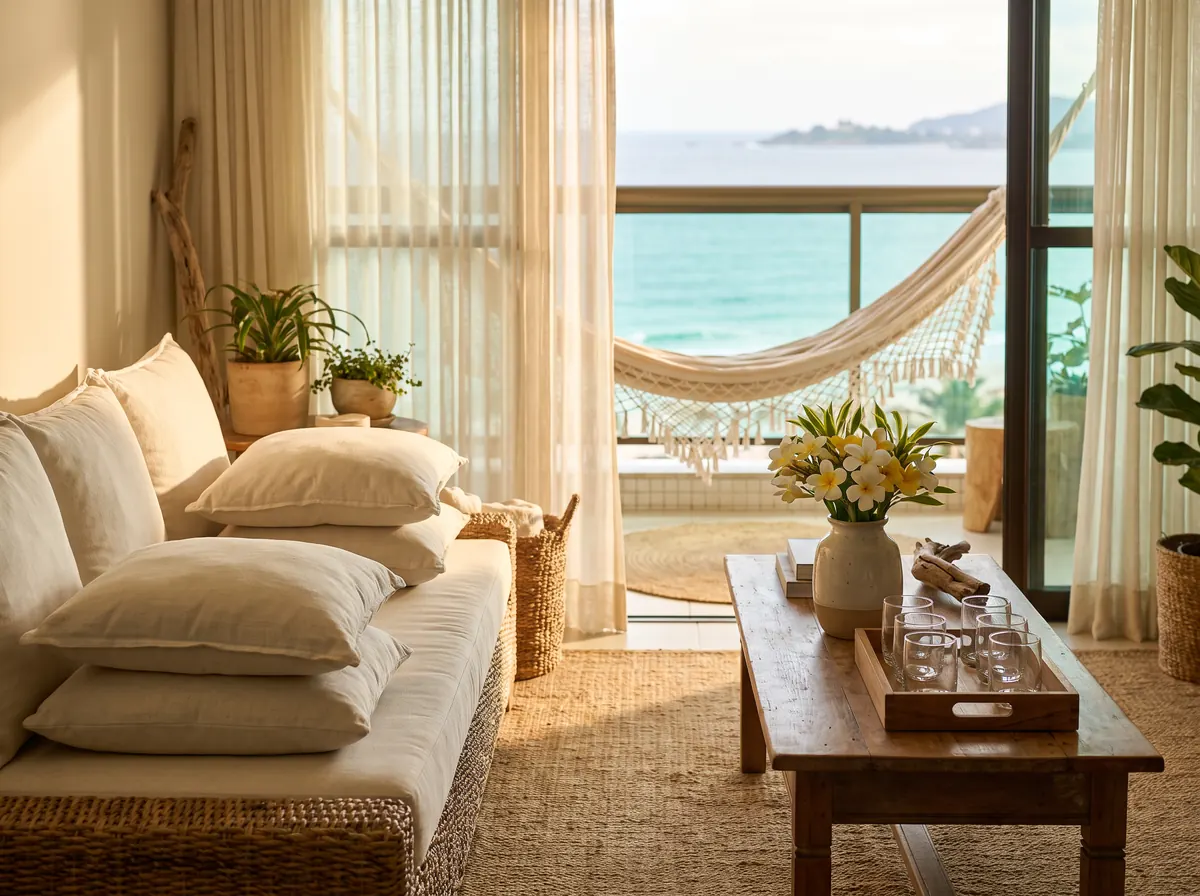 Sala de apartamento de praia toda arrumada, com flores, almofadas e a varanda para o mar à tarde