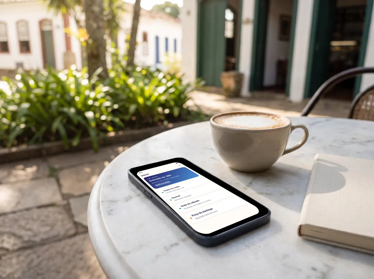 Celular deitado numa mesa de mármore de café ao lado de um cappuccino, com o app pronto na tela, dados de exemplo