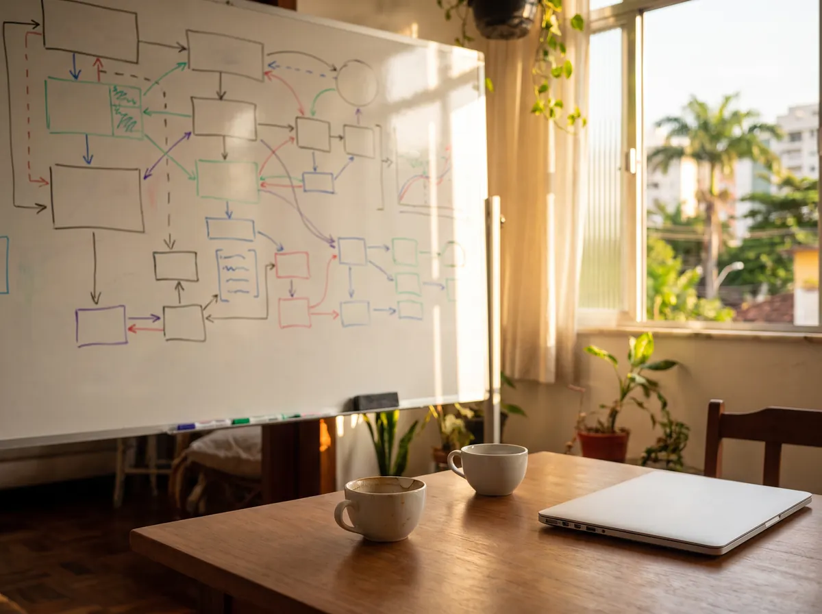 Sala de reunião pequena com um quadro branco cheio de caixas e setas desenhadas à mão e dois cafés na mesa