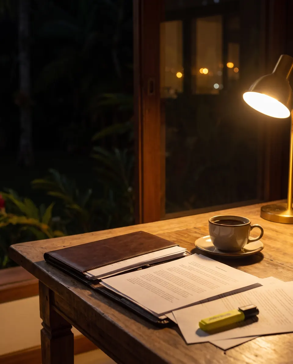 A mesma mesa às 23h, sob uma luminária, coberta de páginas soltas de um contrato longo, com marca-texto e o café frio