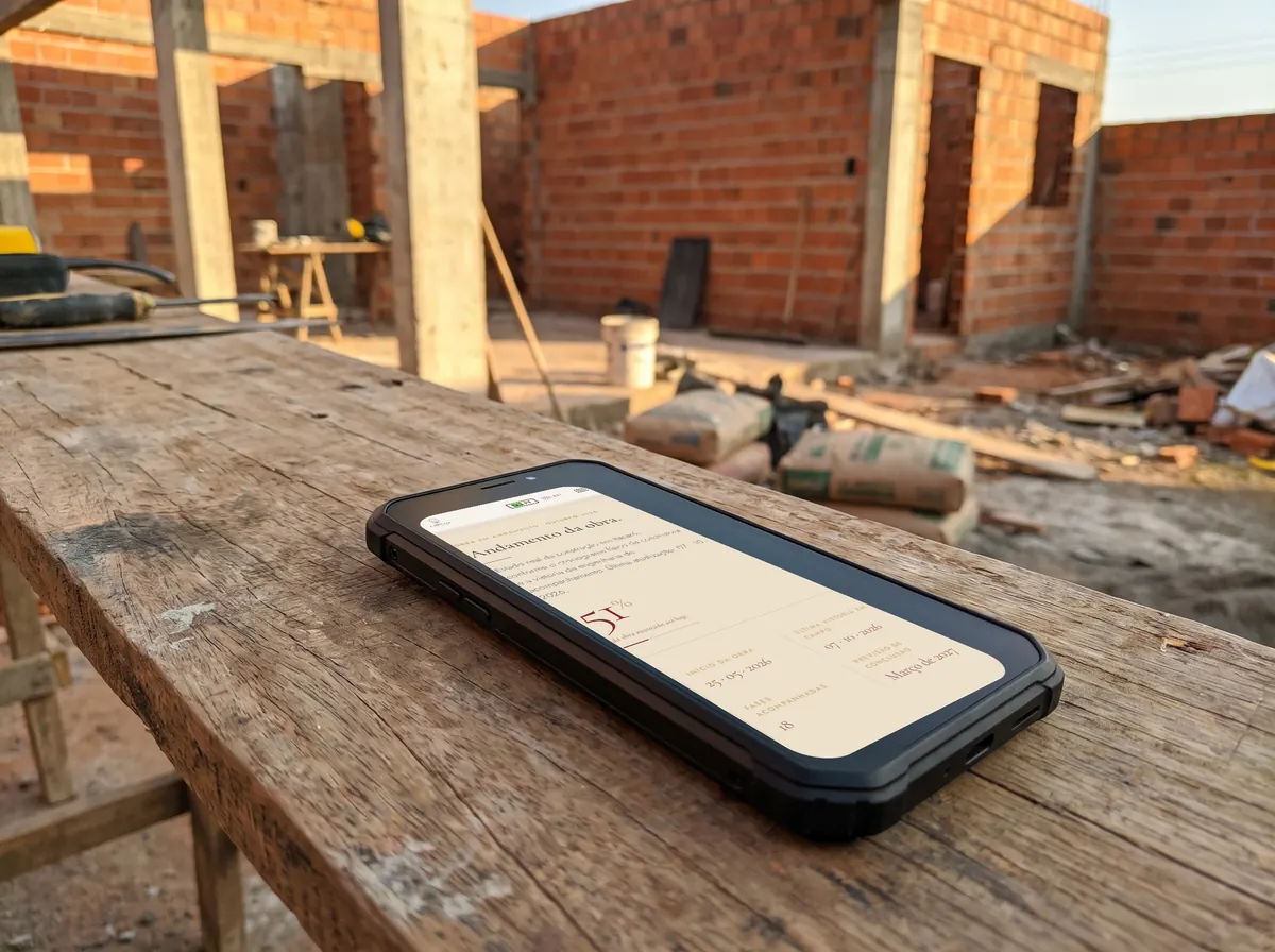 Celular deitado numa tábua de obra, com a casa de tijolo em construção ao fundo e o andamento da obra do empreendimento na tela
