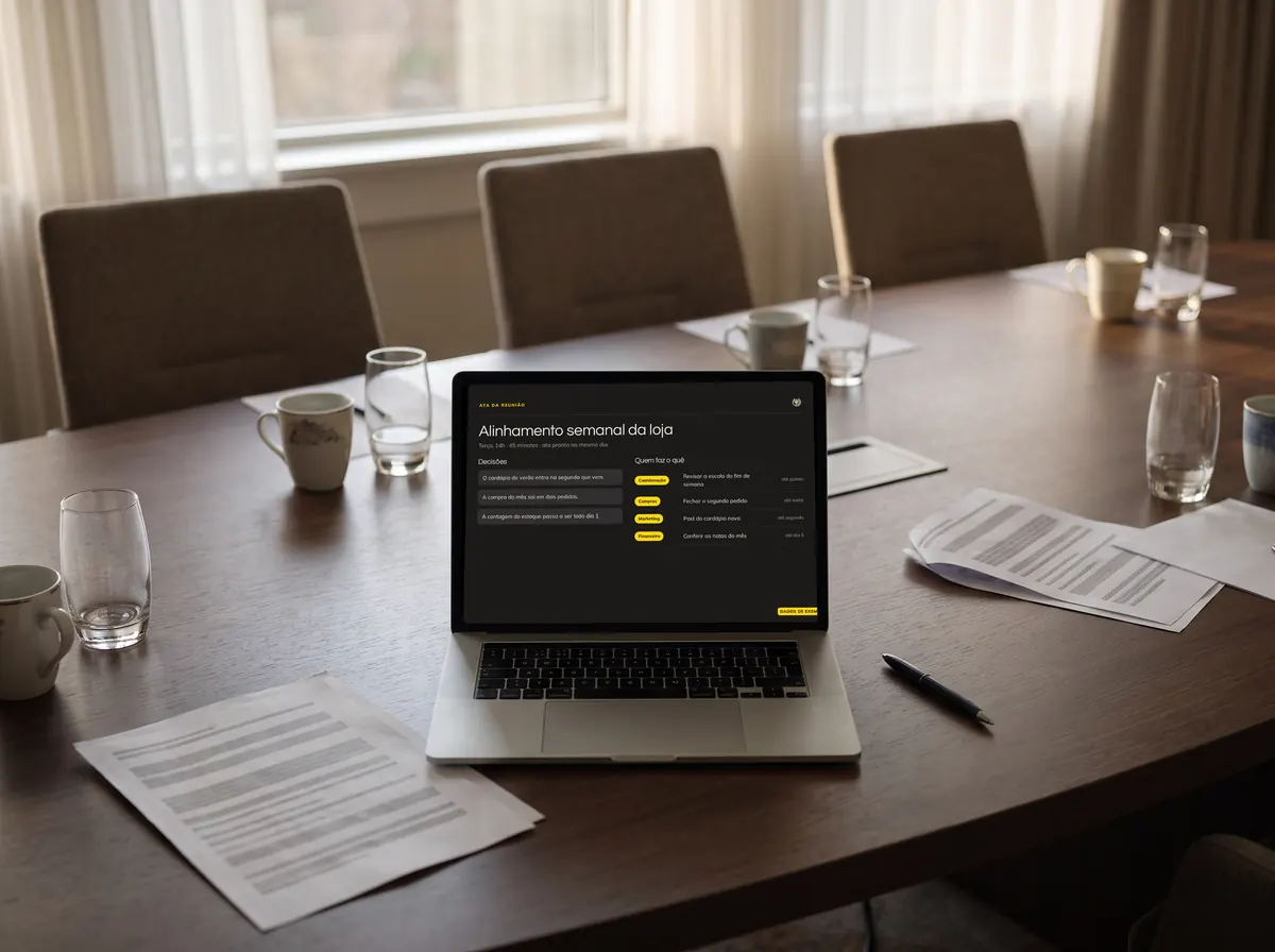 Mesa de reunião logo depois da reunião, com a ata pronta no notebook, dados de exemplo
