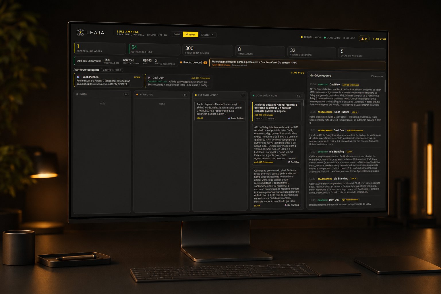 Dashboard do LEA-OS: o escritório virtual com os times de agentes de IA trabalhando ao vivo, num monitor