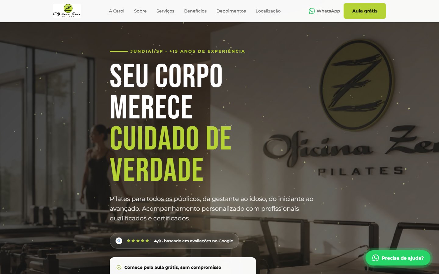 Site da Oficina Zen Pilates no ar, criado pela LEA.IA